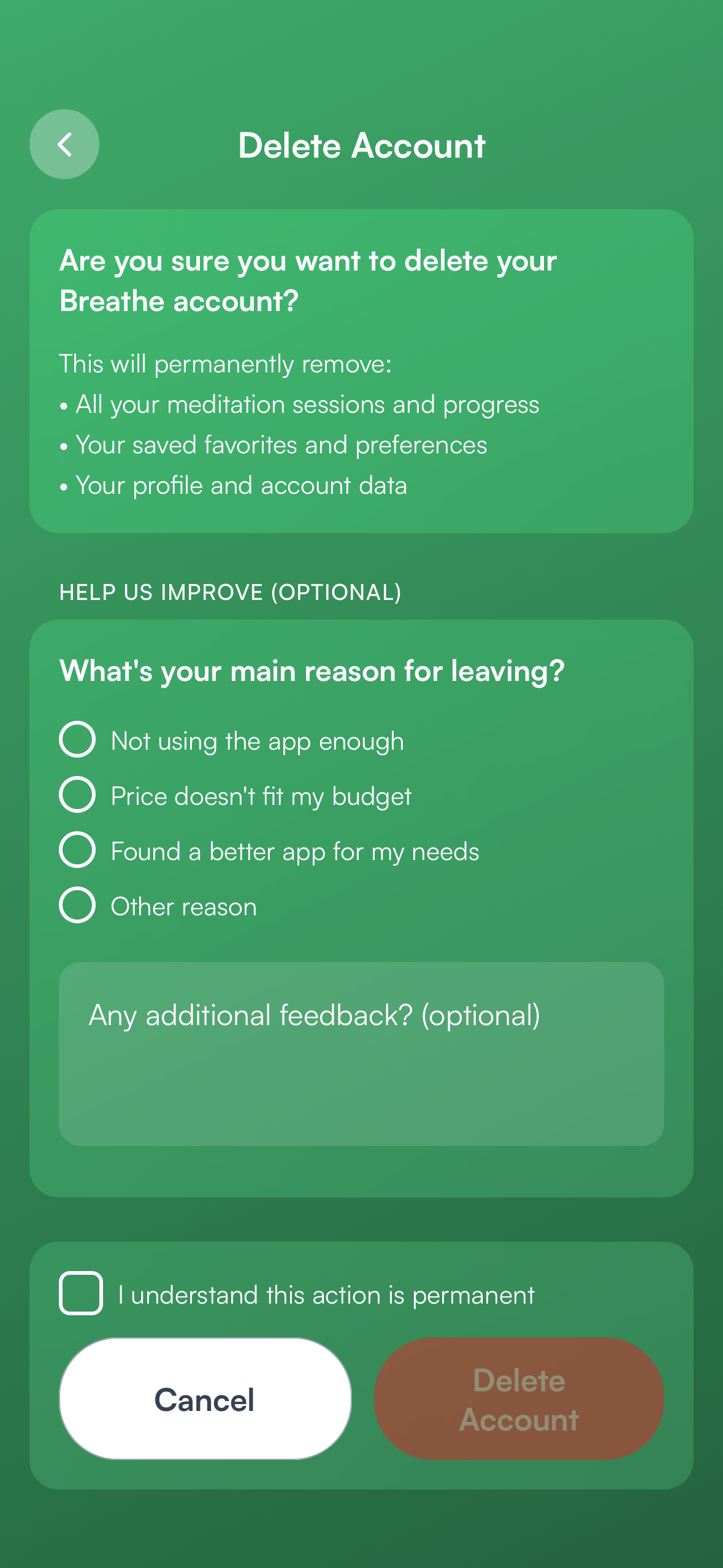 Bestätige mit „I understand this action is permanent" und tippe auf „Delete Account"